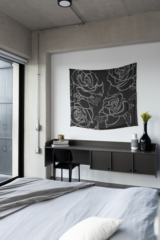 Tapestry hung in room, studio vibe, black rose black and white art tapestry wall art on wall